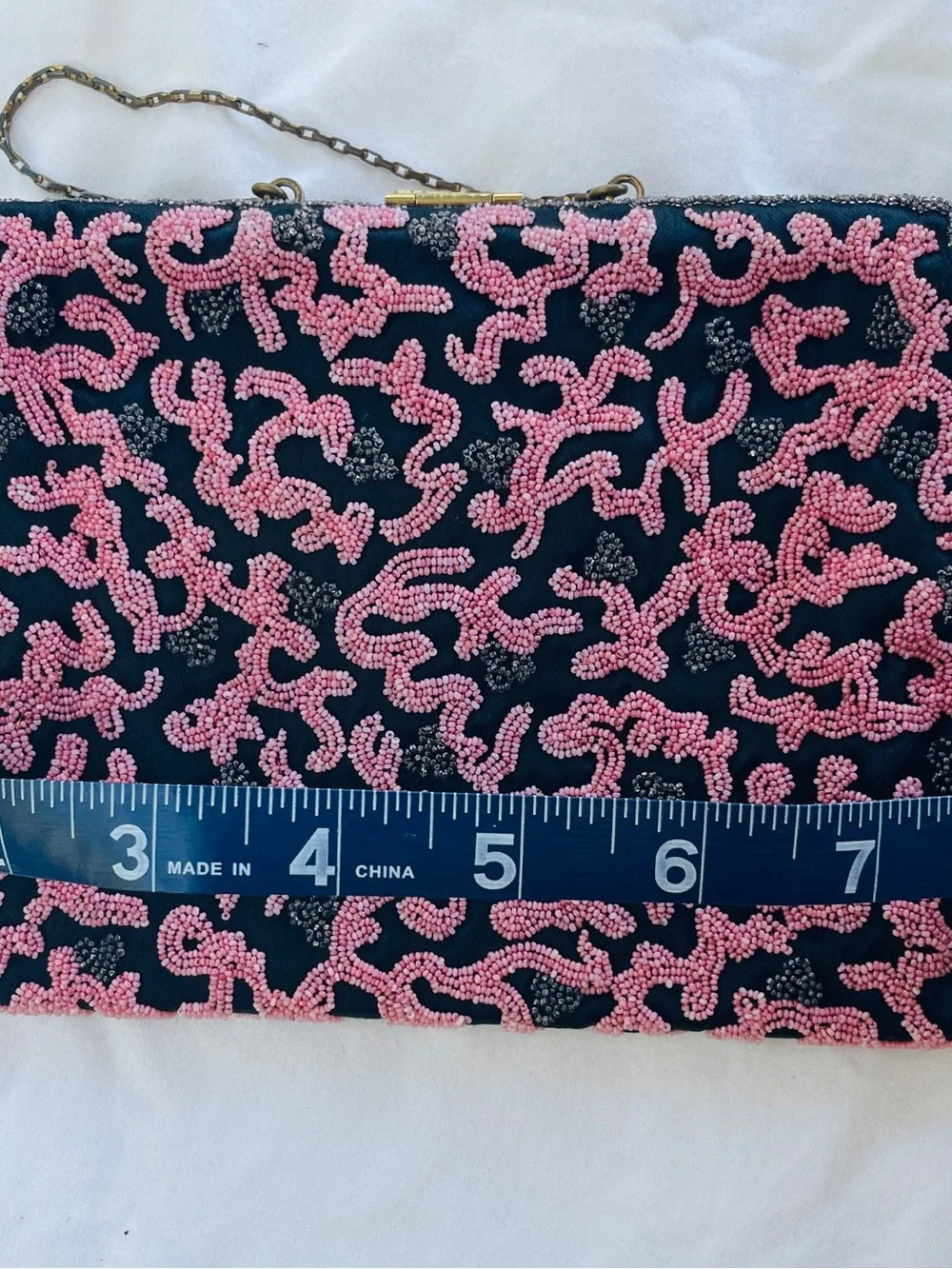 Vintage Pink Black Beaded Evening Purse Jeweled Clasp Satin Lined